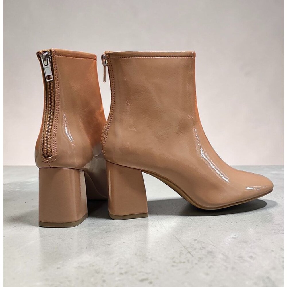 Camel Patent Leather Square Toe Block Heel Ankle Boots With Back Zipper Closure - Picture 4 of 9